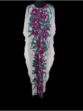 Caftan Accordion Pleat Vtg 60/70s White Pink Floral Kaftan Cape Sleeve Hawaiian